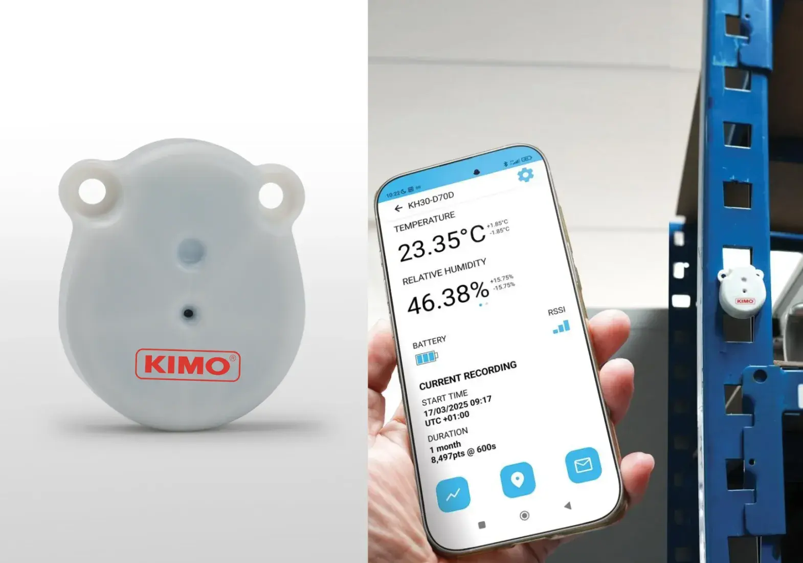 KIMO KH30 - Enregistreur compact étanche IP68 - Enregistre température et humidité. Autonomie jusqu’à 8 ans. Réglage et lecture sur smartphone